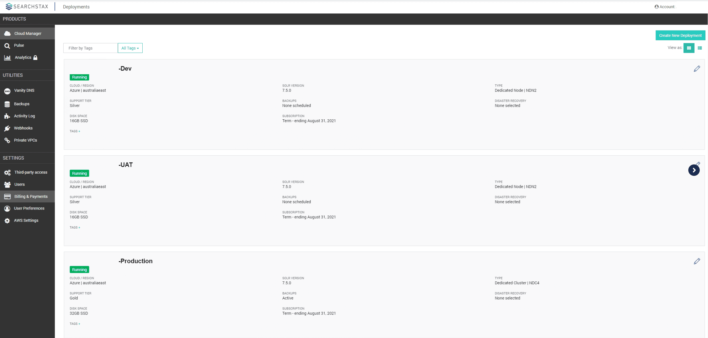 Searchstax environments view