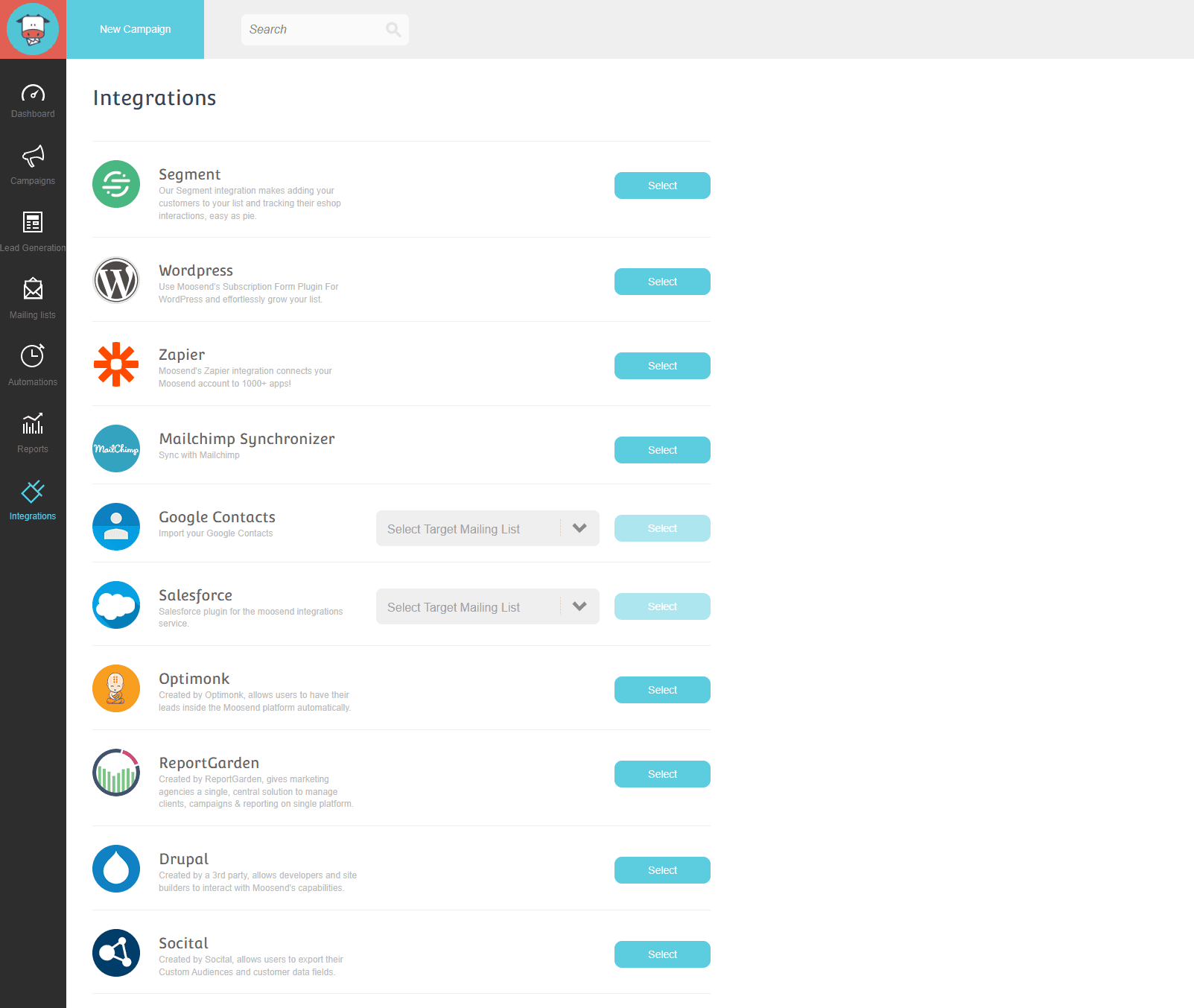 Integrations list