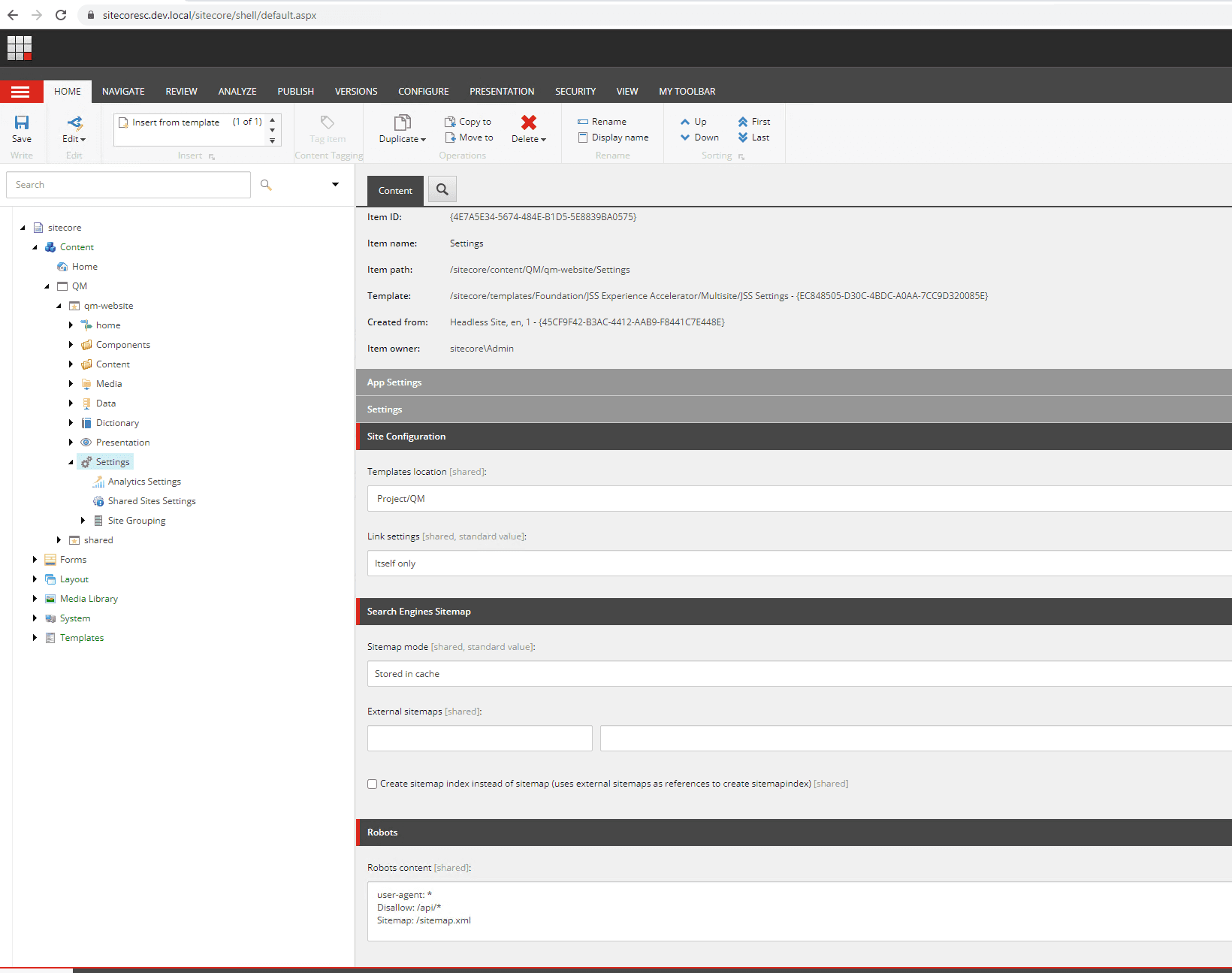 headless sxa settings item