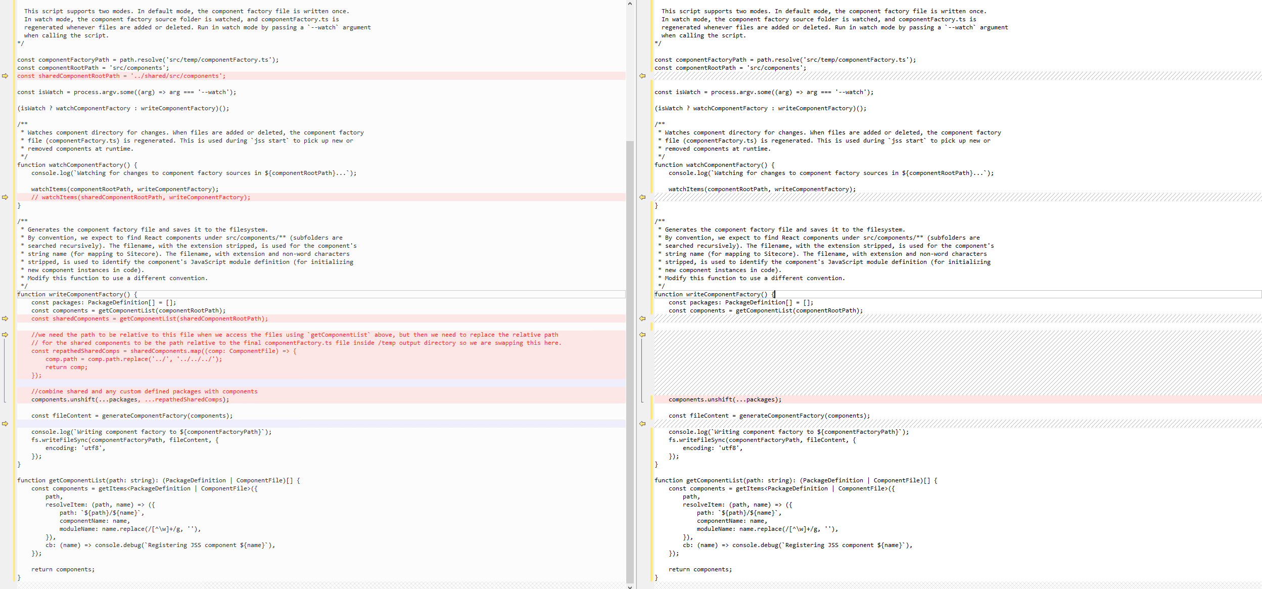 Diff of componentFactory.ts script file