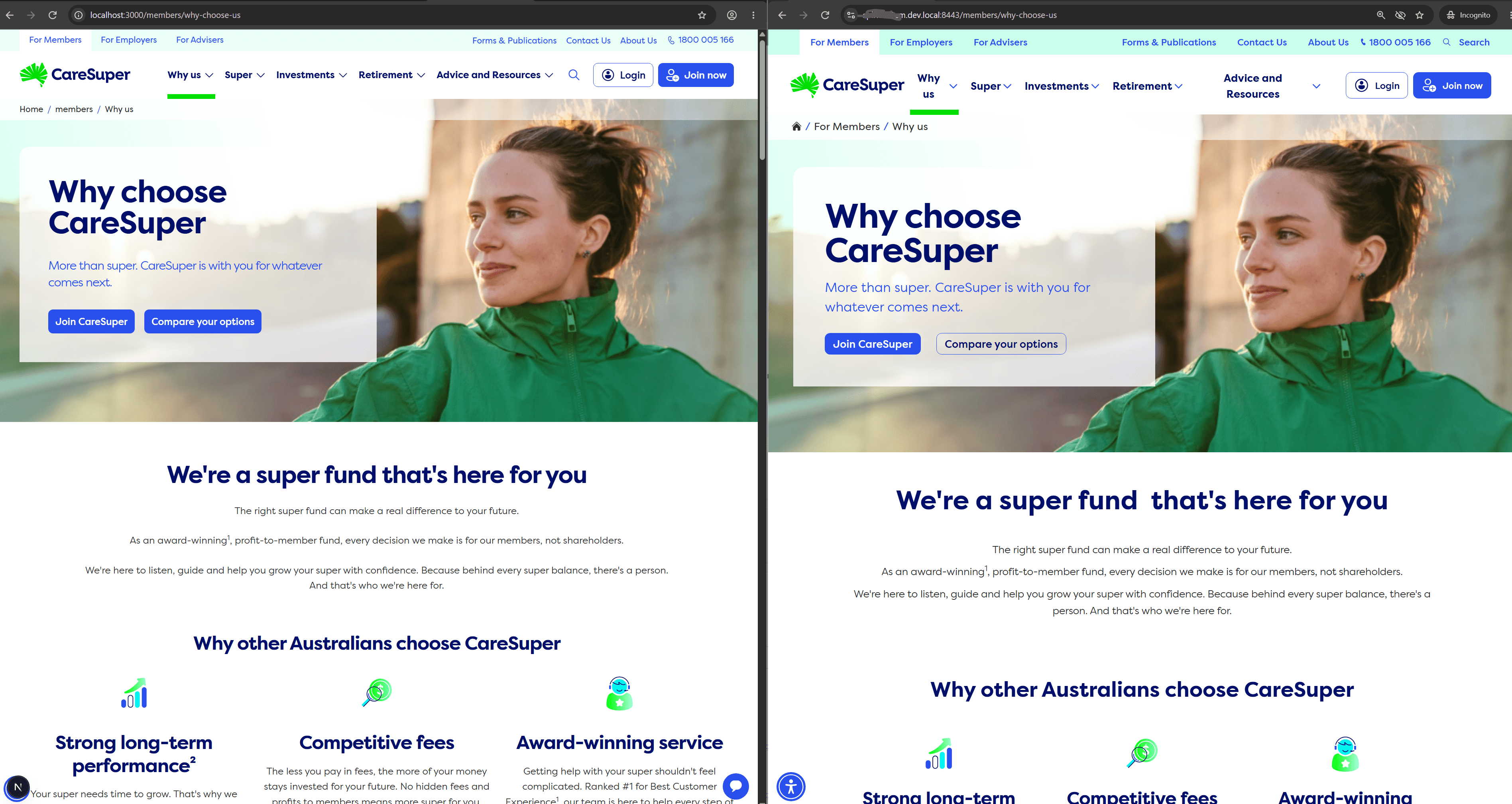 The migrated Why Choose Us page on the left and the legacy page on the right, side by side