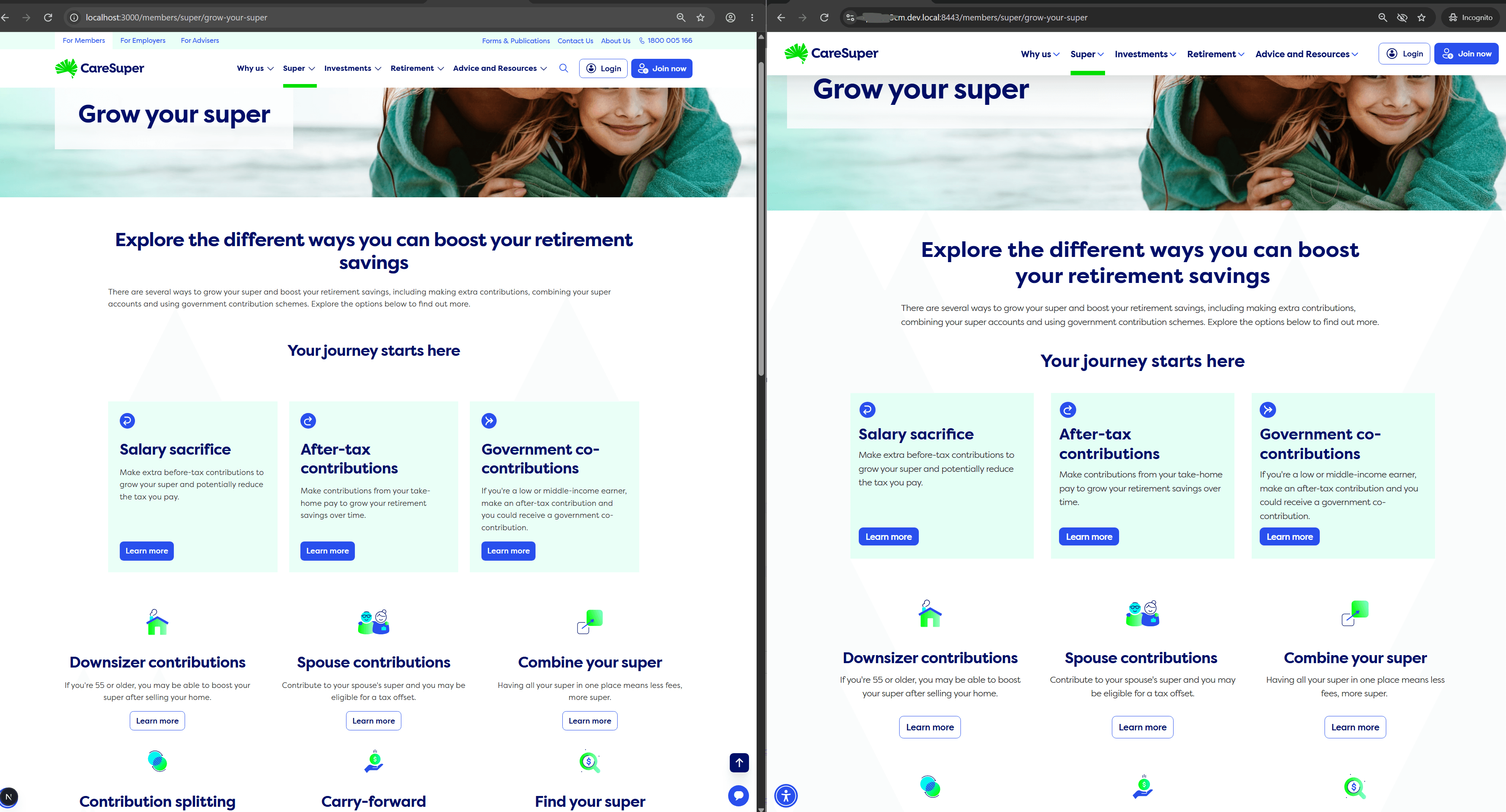 The migrated Grow Your Super page on the left and the legacy page on the right, side by side