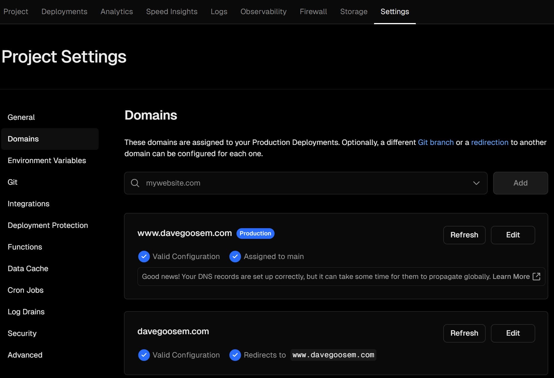 Vercel Environment DNS Configuration