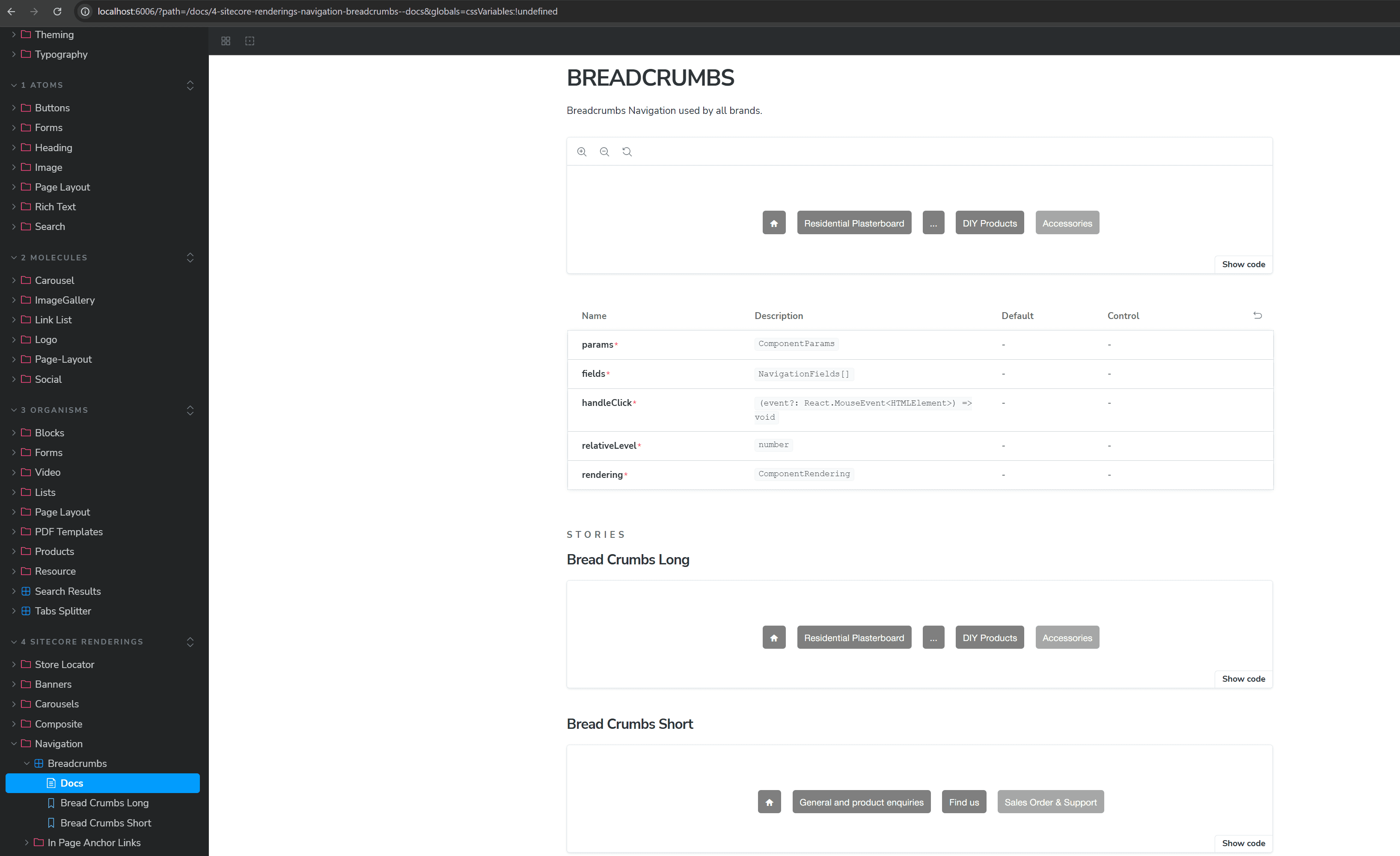 Sitecore Breadcrumbs rendering Storybook example
